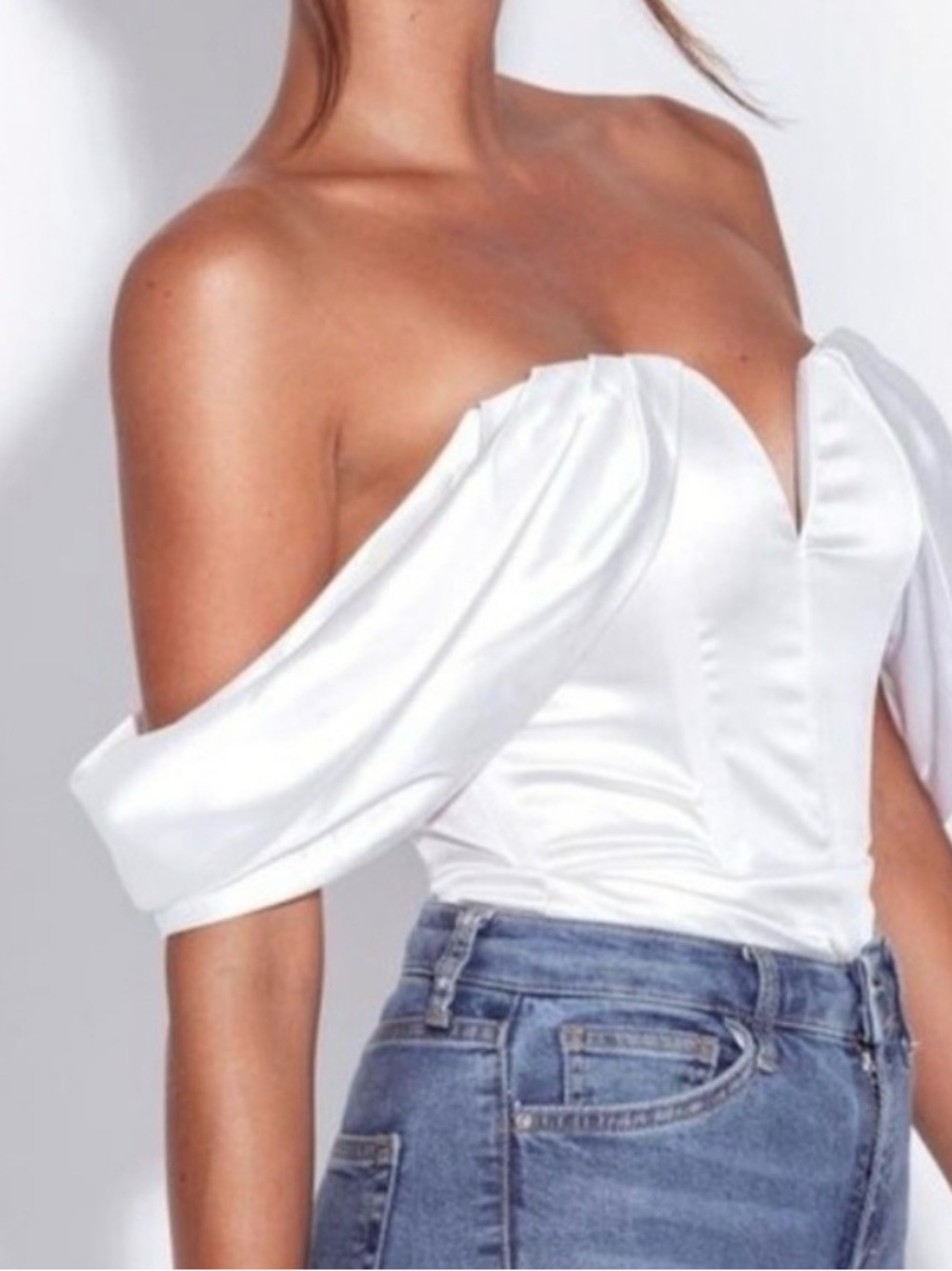Miss Circle Off-Shoulder White Satin Bodysuit Top